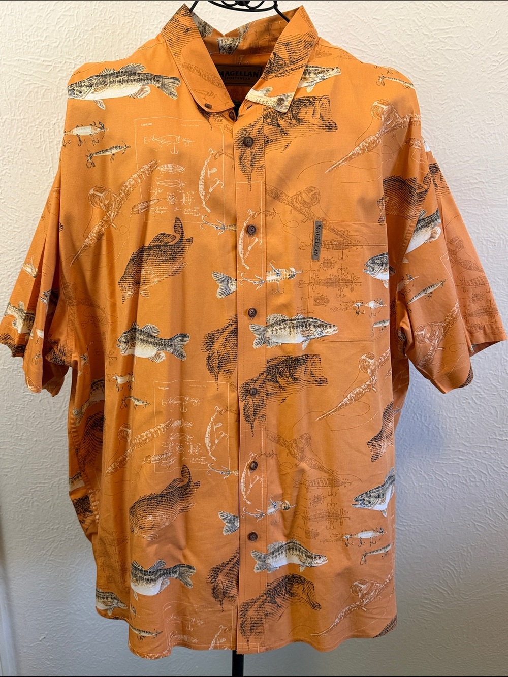 Magellan Outdoors Orange Short-Sleeve Fishing Print Button-Down Shirt